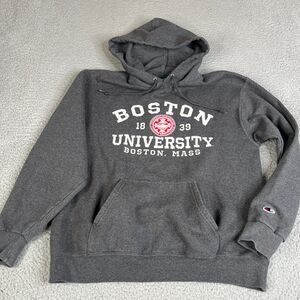 Boston University Champion Hoodie Sweatshirt Mens Medium Gray Pullover Spellout